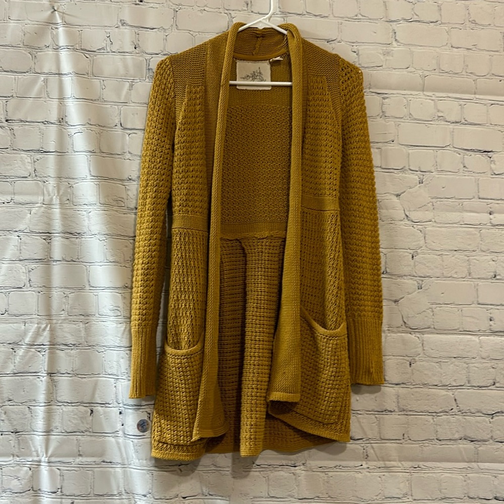 Anthropologie Angel of the North Mustard Yellow Open Front Knit Cardigan Size XS